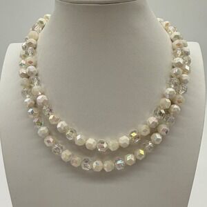 Vintage West Germany Lucite AB Crystal Bead Necklace Double Strand Opaline‎